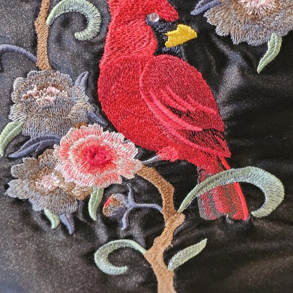VTG Cardinal Decorative Pillow Satin Black Red Embroidered Lace Trim Floral‎ 20" - Picture 5 of 9